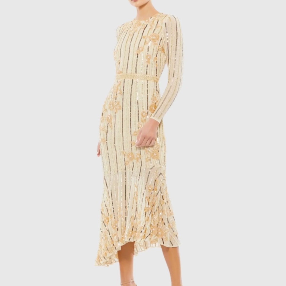 MAC DUGGAL 93627 LONG SLEEVE TEA LENGTH FLORAL BEADED NUDE/ GOLD MIDI DRESS 14